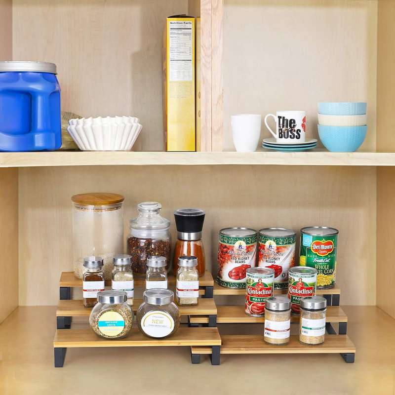 3 Tier Bamboo Expandable Spice Rack Organiser Display Riser Stand Shelf