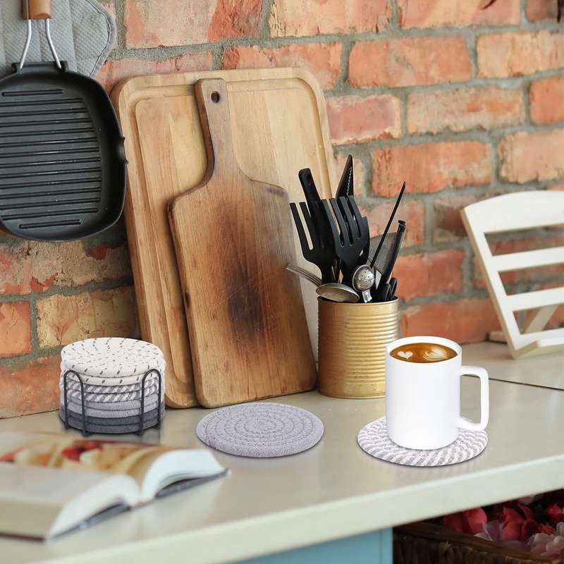 8 Pack Cotton Drink Coasters With Holder For Drinks Cups Hand Woven - Mixed Grey - 11 cm