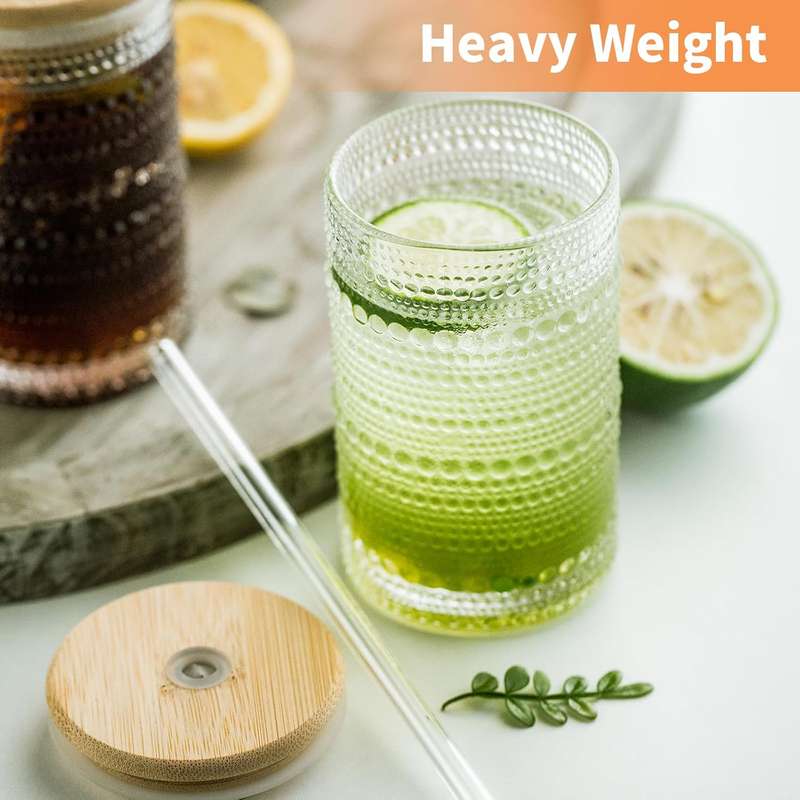 Vintage Hobnail Drinking Glasses with Bamboo Lid & Glass Straw - 500ml - 4 Pack
