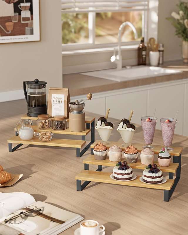 3 Tier Bamboo Expandable Spice Rack Organiser Display Riser Stand Shelf