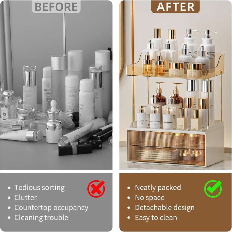 2-Tier 2-Drawer Bathroom Organiser Countertop Multi-Purpose Makeup Storage