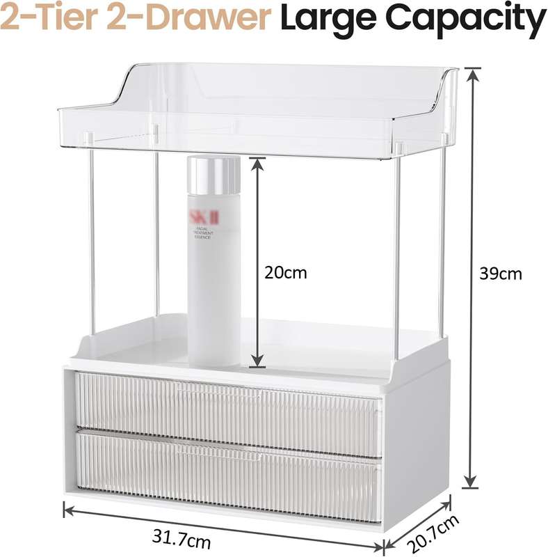 2-Tier 2-Drawer Bathroom Organiser Countertop Multi-Purpose Makeup Storage-Clear