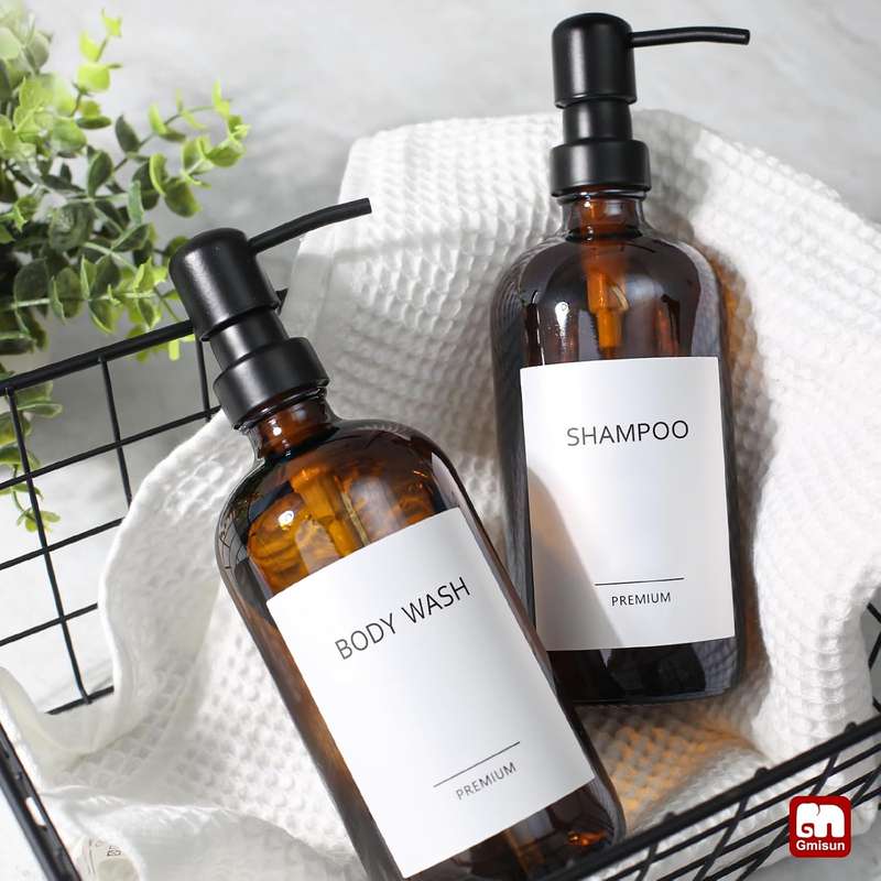 2 Pack Glass Soap Dispenser Amber Refillable Stainless Steel Pump & Labels