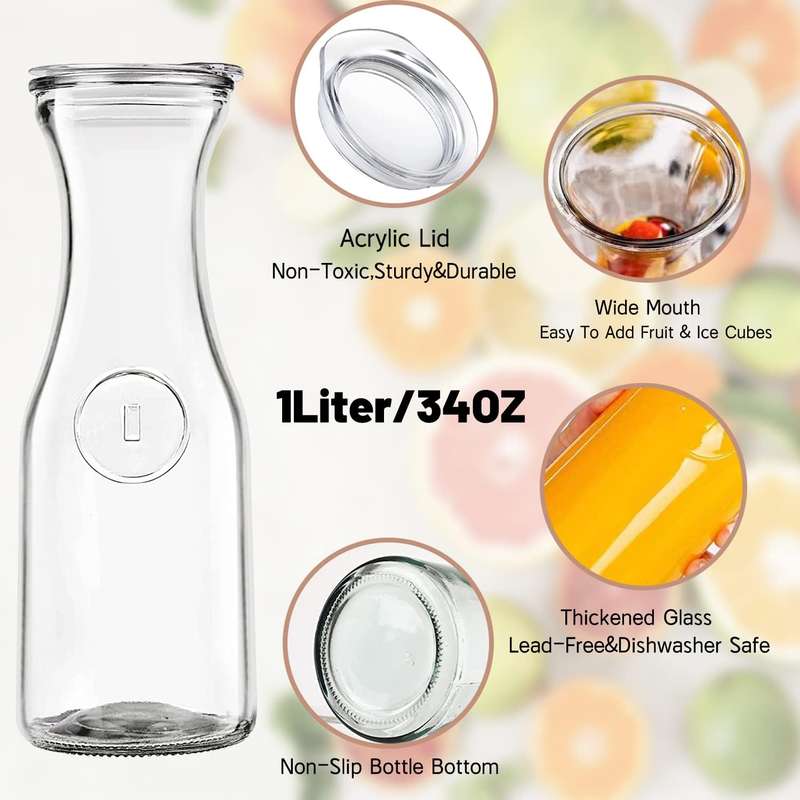 4 Pack Clear Glass Carafe With Lid (1L)Tags,Marker-Bar Serveware Pitcher