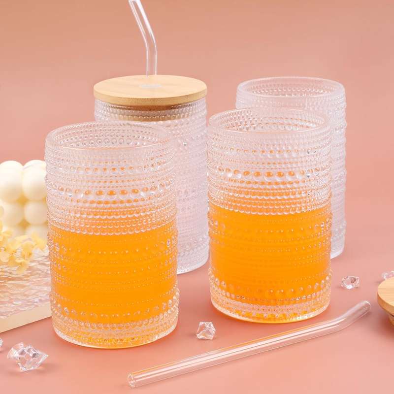 Vintage Hobnail Drinking Glasses with Bamboo Lid & Glass Straw - 500ml - 4 Pack