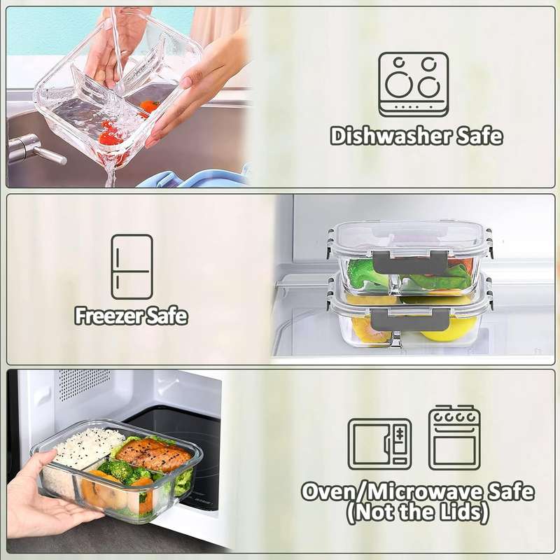 5 Pack Split Compartment Clear Airtight Glass Meal Prep Food Container- 1L