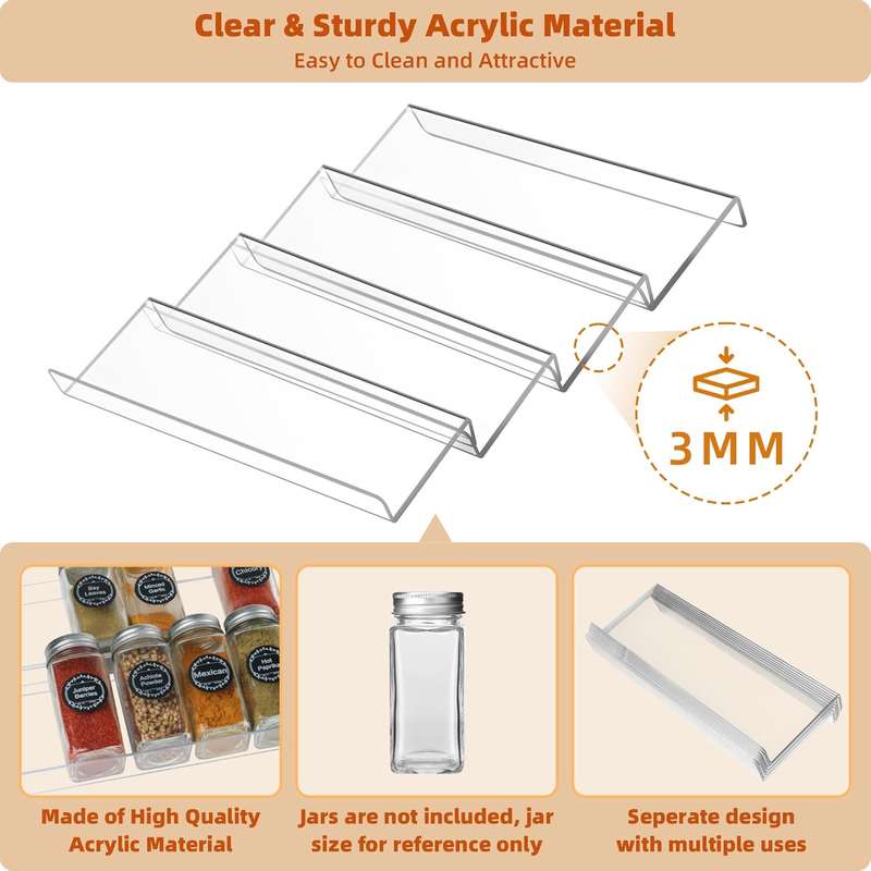 4 Tier - Clear Acrylic Drawer Spice Organiser Rack Cosmetic Storage - 8 Piece (No Jars)
