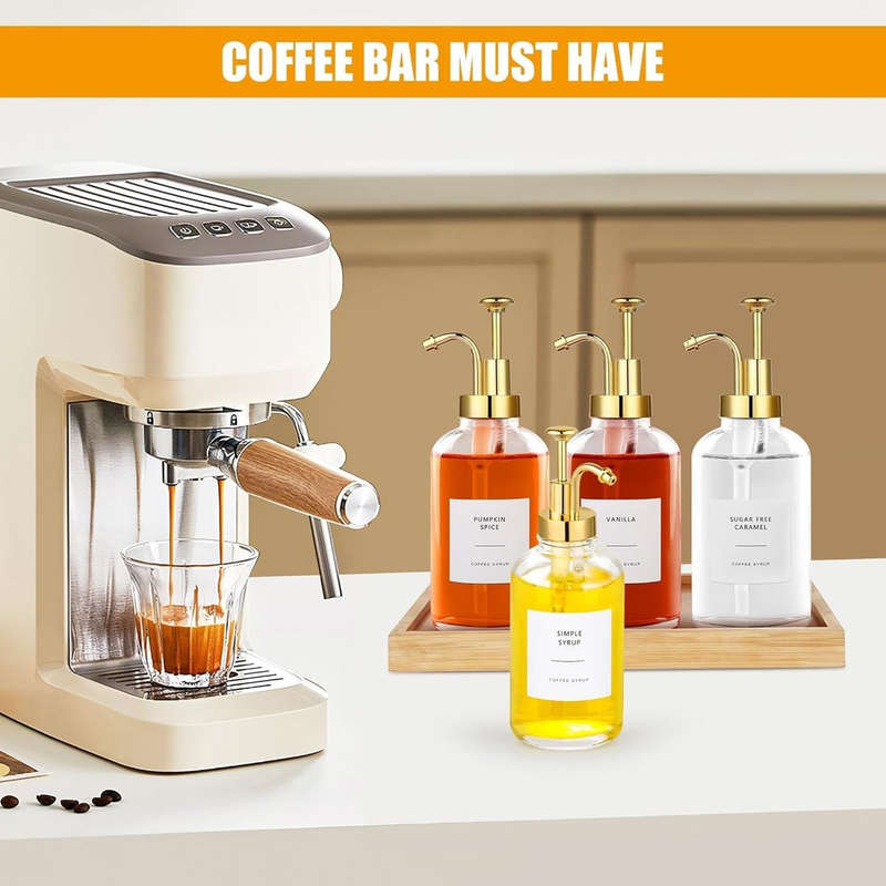 4 Pack Glass Coffee Syrup Dispenser With Labels, Gold Pump, Funnel 500ml