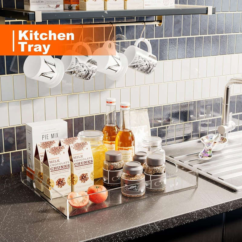 Large Acrylic Serving Tray With Handles - Table Countertop Organiser Decor Clear