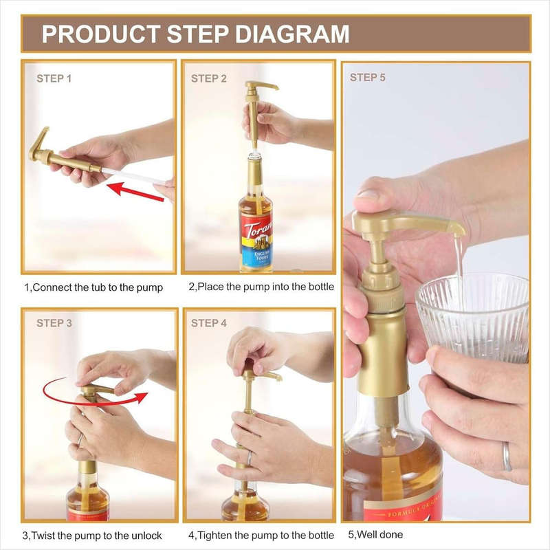 6-Pack Gold Squirt Coffee Syrup Pump Dispenser Kitchen Bar Bottles-750ml