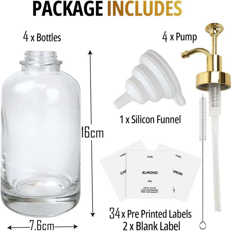 4 Pack Glass Coffee Syrup Dispenser With Labels, Gold Pump, Funnel 500ml