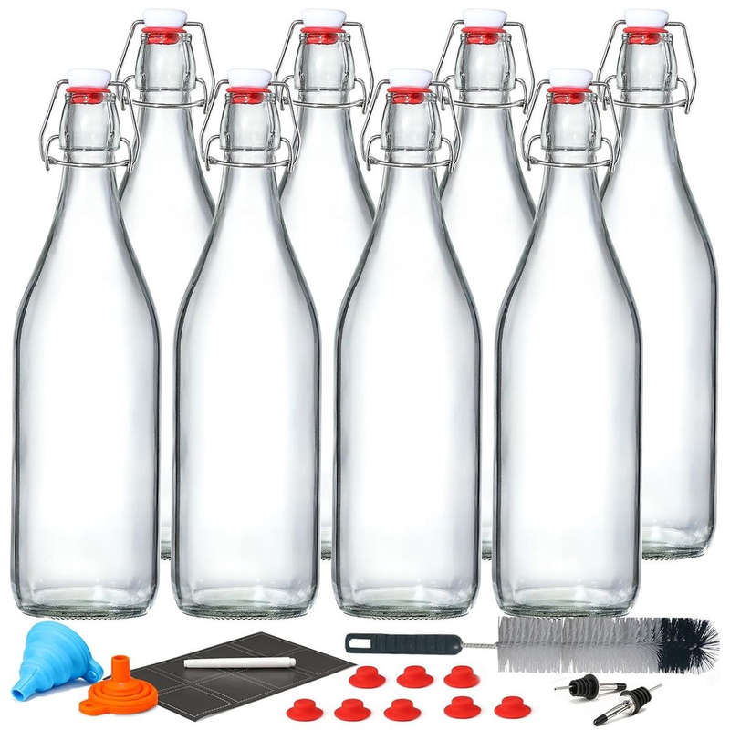 8-Pack 1L Swing-Top Glass Bottles | Airtight Flip-Top Lids + 8 Extra Seals | Cartinmart