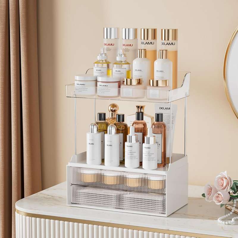 2-Tier 2-Drawer Bathroom Organiser Countertop Multi-Purpose Makeup Storage-Clear
