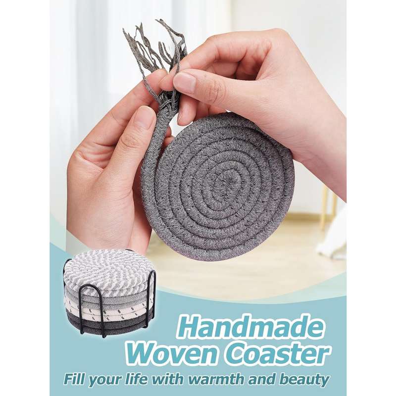 8 Pack Cotton Drink Coasters With Holder For Drinks Cups Hand Woven - Mixed Grey - 11 cm
