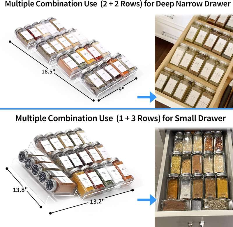 4 Tier Clear Acrylic Drawer Spice Rack Organiser With 28 Containers,Labels