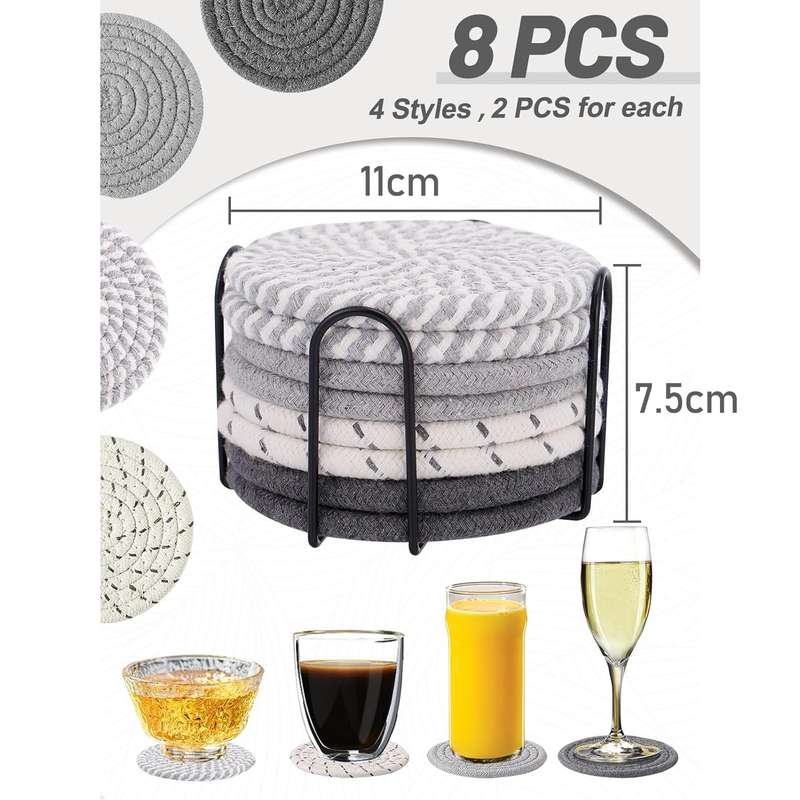 8 Pack Cotton Drink Coasters With Holder For Drinks Cups Hand Woven - Mixed Grey - 11 cm