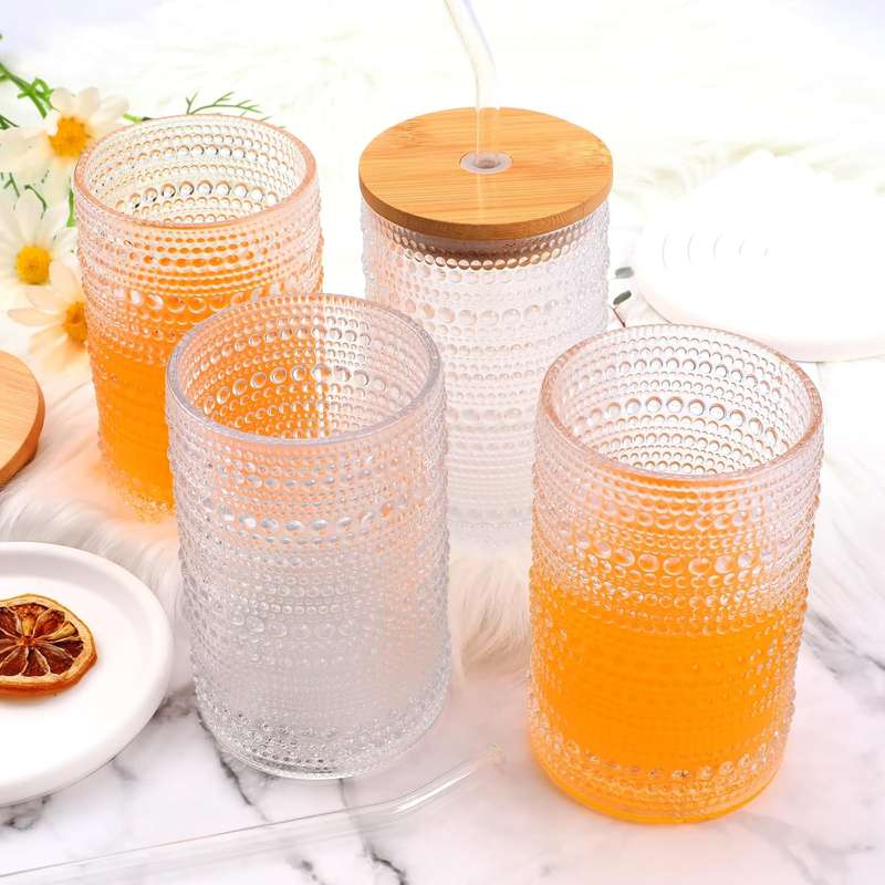 Vintage Hobnail Drinking Glasses with Bamboo Lid & Glass Straw - 500ml - 4 Pack
