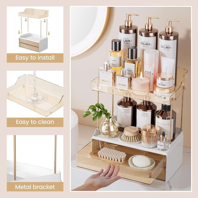 2-Tier 2-Drawer Bathroom Organiser Countertop Multi-Purpose Makeup Storage