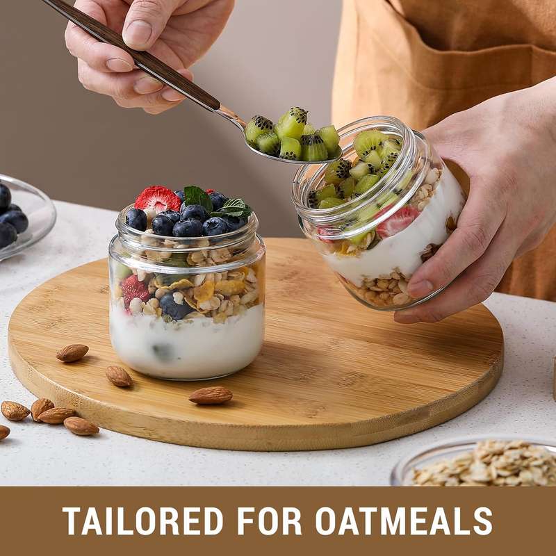 300ml each Overnight Oat Jars Airtight Container Bamboo Lid Kitchen Glass Storage -4 Pack
