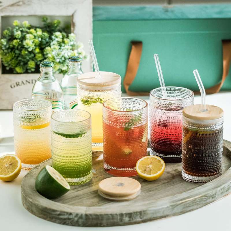 Vintage Hobnail Drinking Glasses with Bamboo Lid & Glass Straw - 500ml - 4 Pack