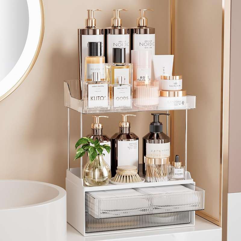 2-Tier 2-Drawer Bathroom Organiser Countertop Multi-Purpose Makeup Storage-Clear