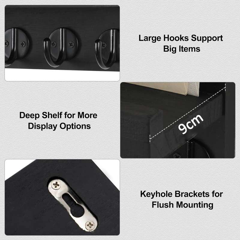 Key Holder and 5 Sturdy Hooks Rack - Black