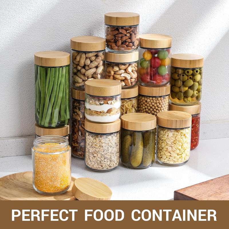 300ml each Overnight Oat Jars Airtight Container Bamboo Lid Kitchen Glass Storage -4 Pack