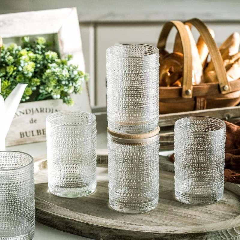 Vintage Hobnail Drinking Glasses with Bamboo Lid & Glass Straw - 500ml - 4 Pack