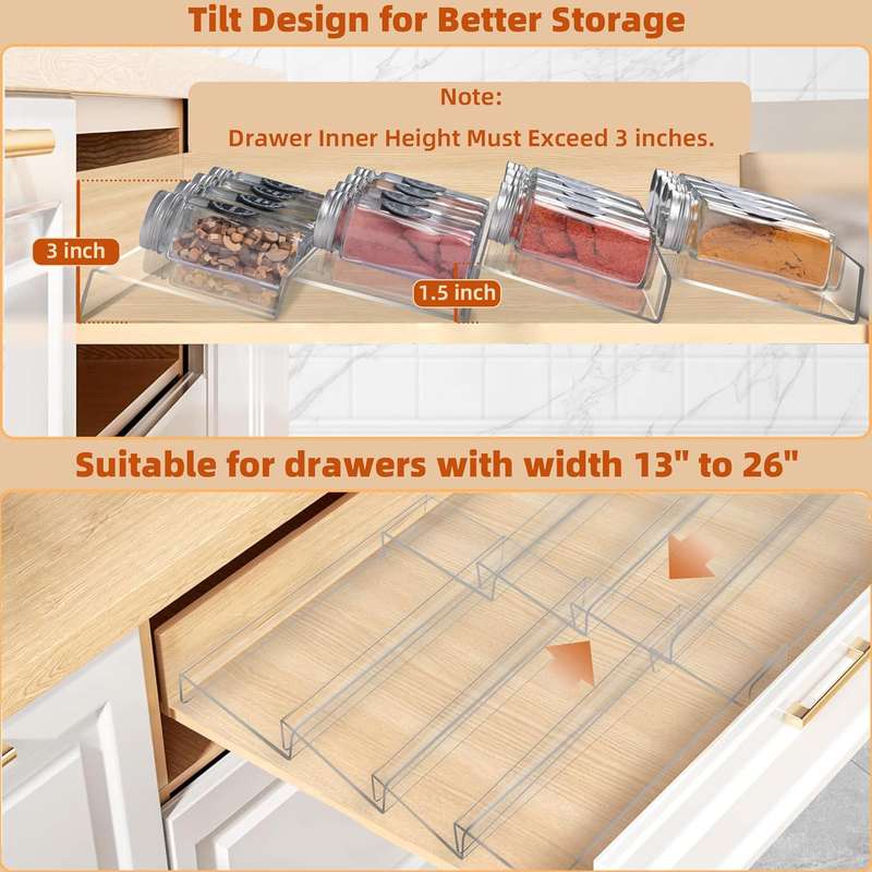 4 Tier Clear Acrylic Drawer Spice Rack Organiser With 28 Containers,Labels