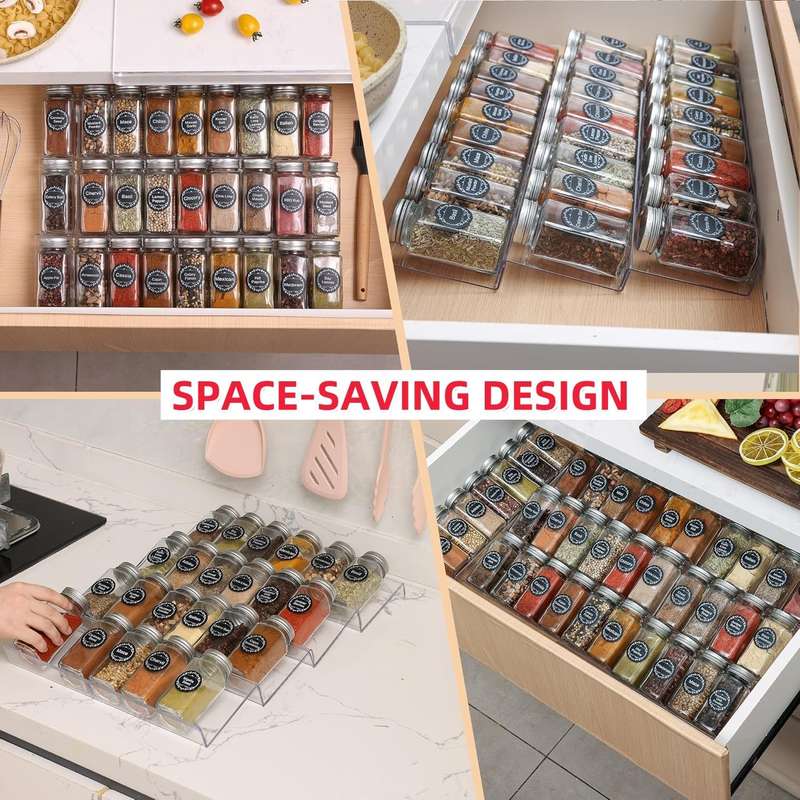 4 Tier Clear Acrylic Drawer Spice Rack Organiser With 28 Containers,Labels