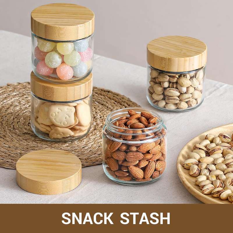 300ml each Overnight Oat Jars Airtight Container Bamboo Lid Kitchen Glass Storage -4 Pack