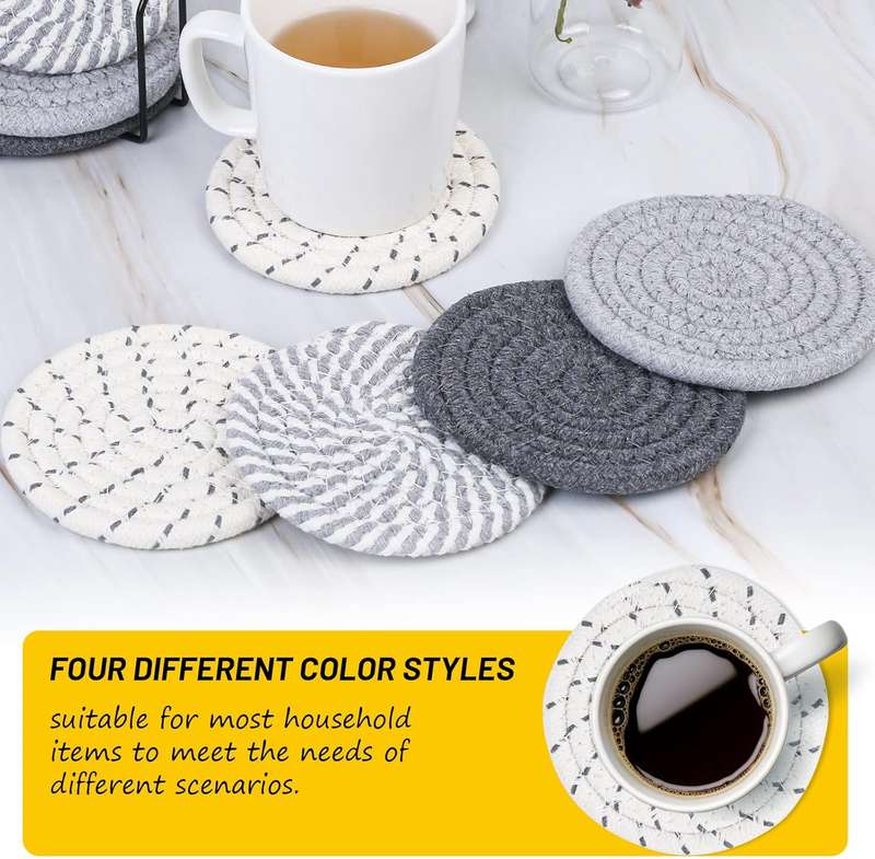 8 Pack Cotton Drink Coasters With Holder For Drinks Cups Hand Woven - Mixed Grey - 11 cm