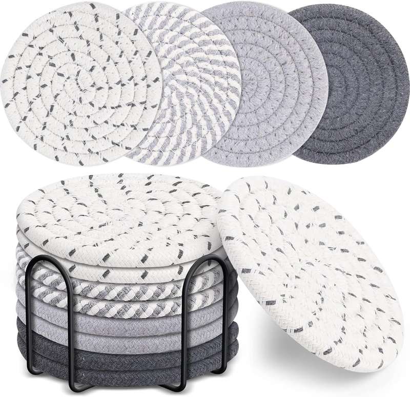 8 Pack Cotton Drink Coasters With Holder For Drinks Cups Hand Woven - Mixed Grey - 11 cm
