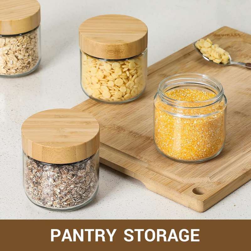 300ml each Overnight Oat Jars Airtight Container Bamboo Lid Kitchen Glass Storage -4 Pack