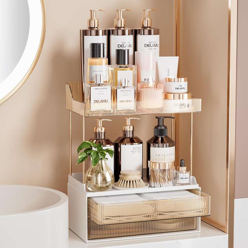 2-Tier 2-Drawer Bathroom Organiser Countertop Multi-Purpose Makeup Storage