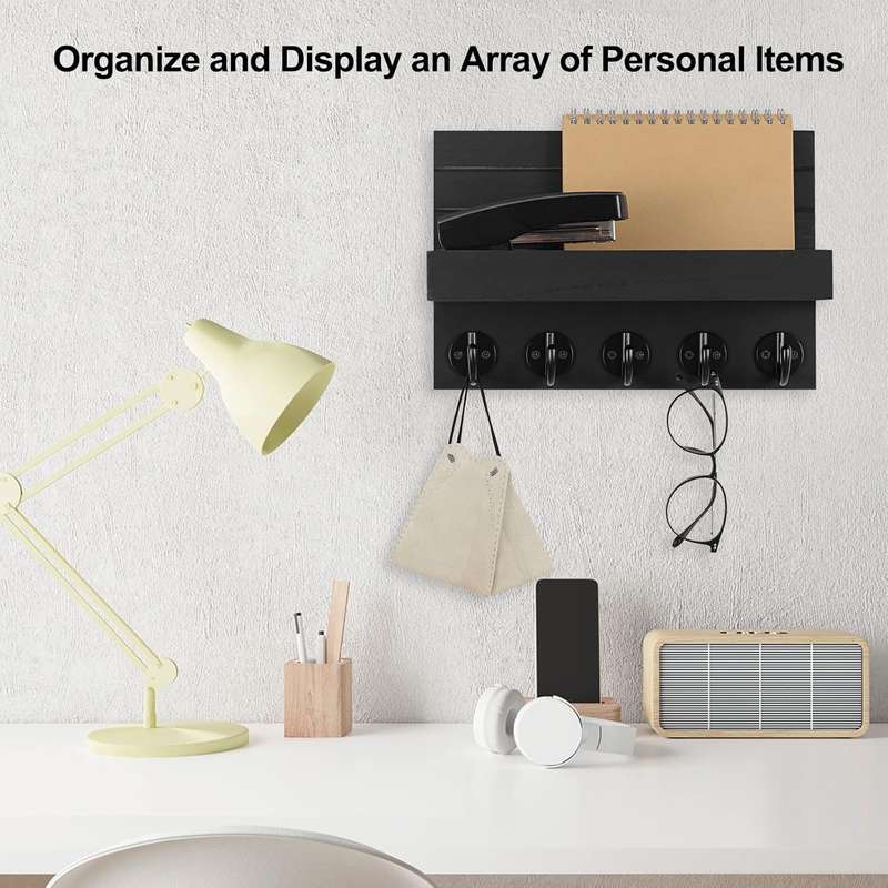 Key Holder and 5 Sturdy Hooks Rack - Black