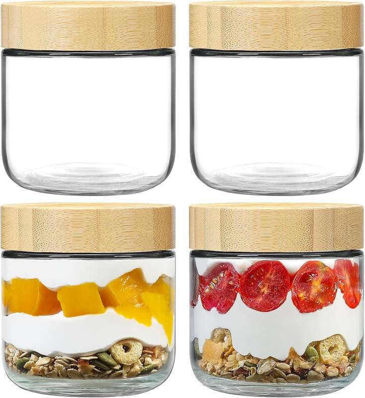 300ml each Overnight Oat Jars Airtight Container Bamboo Lid Kitchen Glass Storage -4 Pack