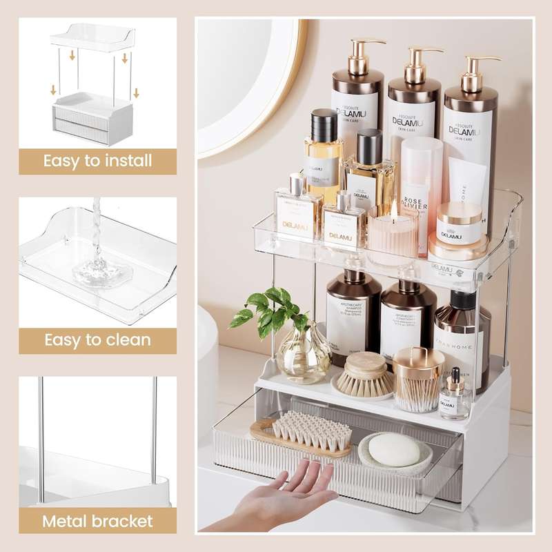 2-Tier 2-Drawer Bathroom Organiser Countertop Multi-Purpose Makeup Storage-Clear