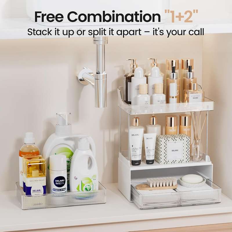 2-Tier 2-Drawer Bathroom Organiser Countertop Multi-Purpose Makeup Storage-Clear