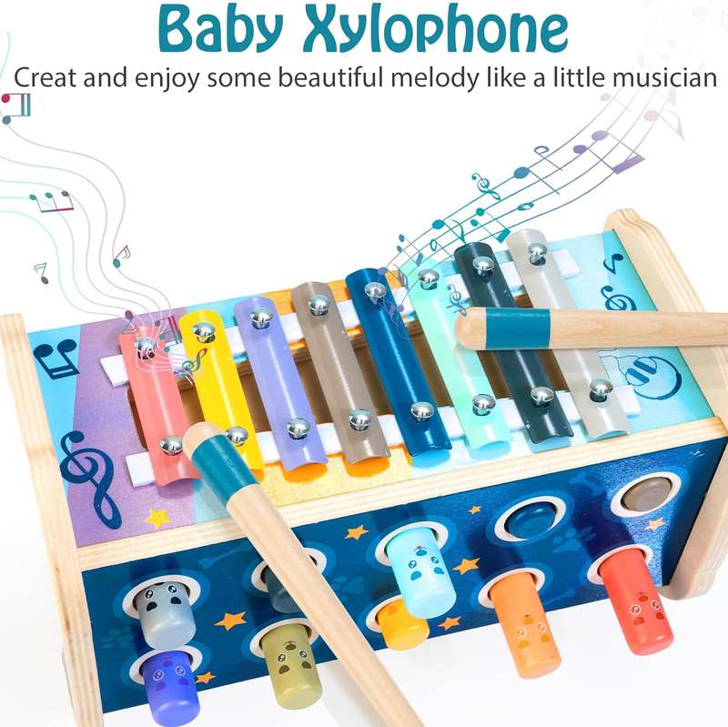 Wooden Montessori Toddler Toy-Hammering Pounding & Xylophone,Number Sorter