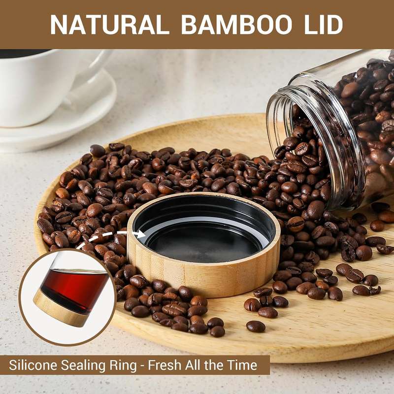 300ml each Overnight Oat Jars Airtight Container Bamboo Lid Kitchen Glass Storage -4 Pack