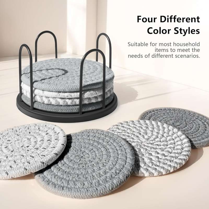 8 Pack Cotton Drink Coasters With Holder For Drinks Cups Hand Woven - Mixed Grey - 11 cm
