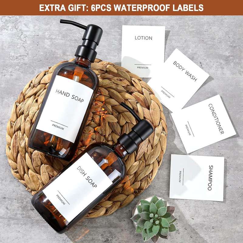 2 Pack Glass Soap Dispenser Amber Refillable Stainless Steel Pump & Labels