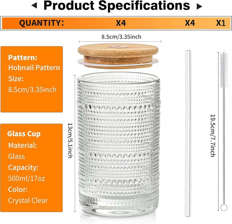 Vintage Hobnail Drinking Glasses with Bamboo Lid & Glass Straw - 500ml - 4 Pack