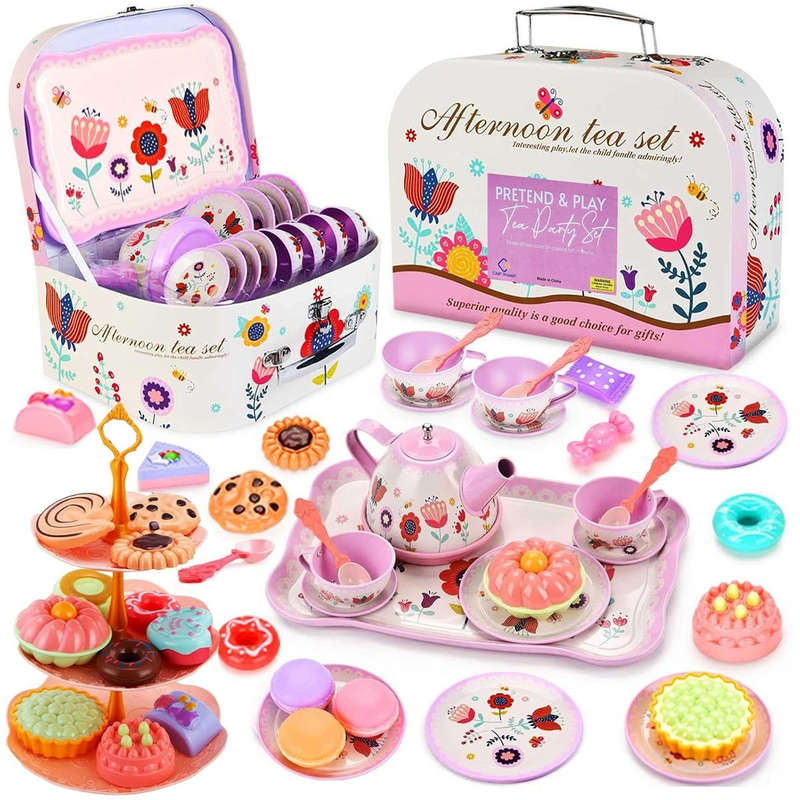46 Piece Princess Tea Party Set For Little Girls Pretend Play -Flower Theme