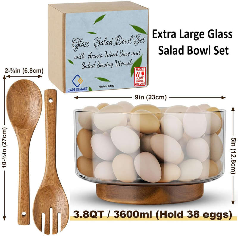 Extra Large Glass Salad Bowl Set With Wood Base & Serving Utensils-Modern