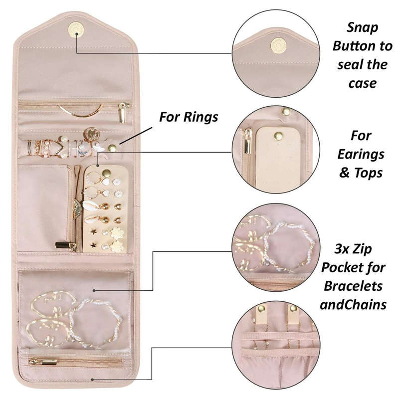 Foldable Travel Jewelry Organiser Case Pouch Roll Bag For Rings Necklace