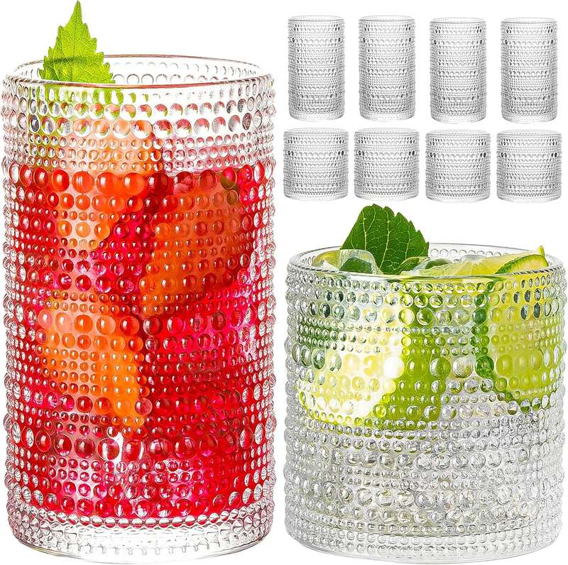 Vintage Hobnail Drinking Glasses For Wine Cocktail Glassware - Set of 8