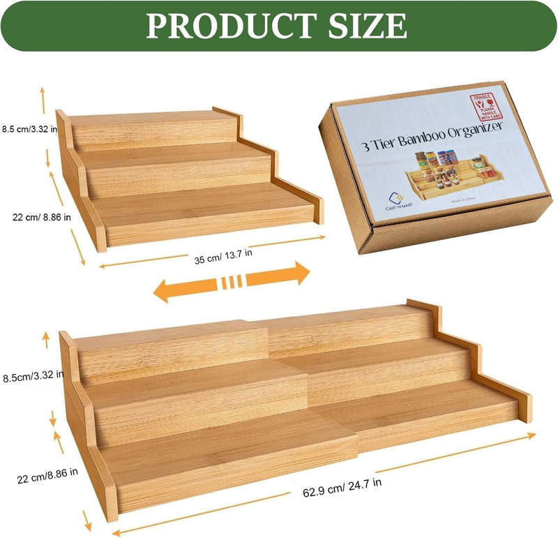 3 Tier Expandbale Bamboo Spice Rack Organiser Cabinet With Labels & Marker