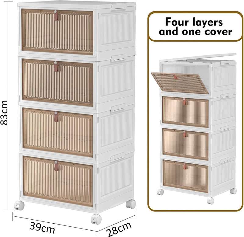 4 Tier Heavy Duty Foldable Closet Organizer Storage Boxes with Lid Wheels
